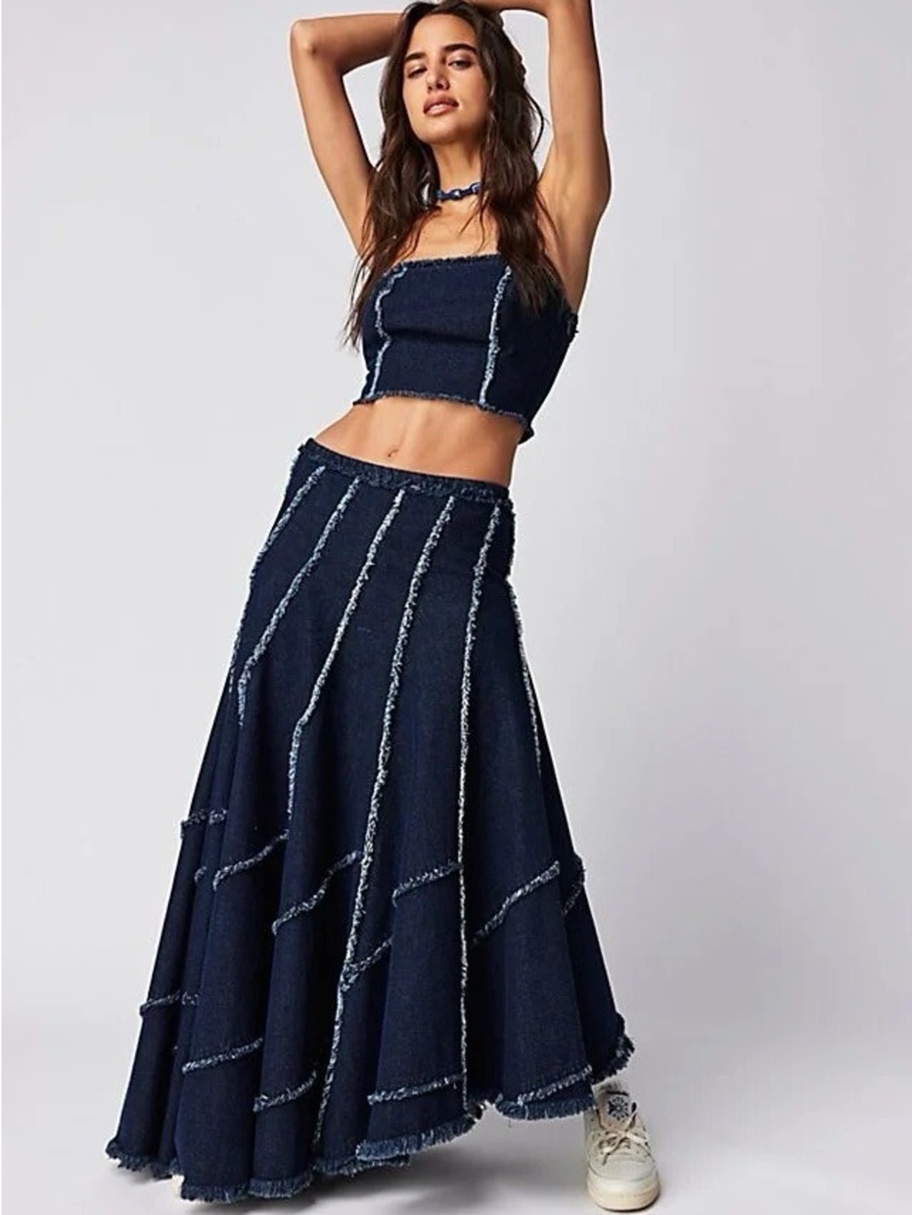 Free People FP One Safia Denim Maxi Skirt + Crop Top Set NWT Size 8